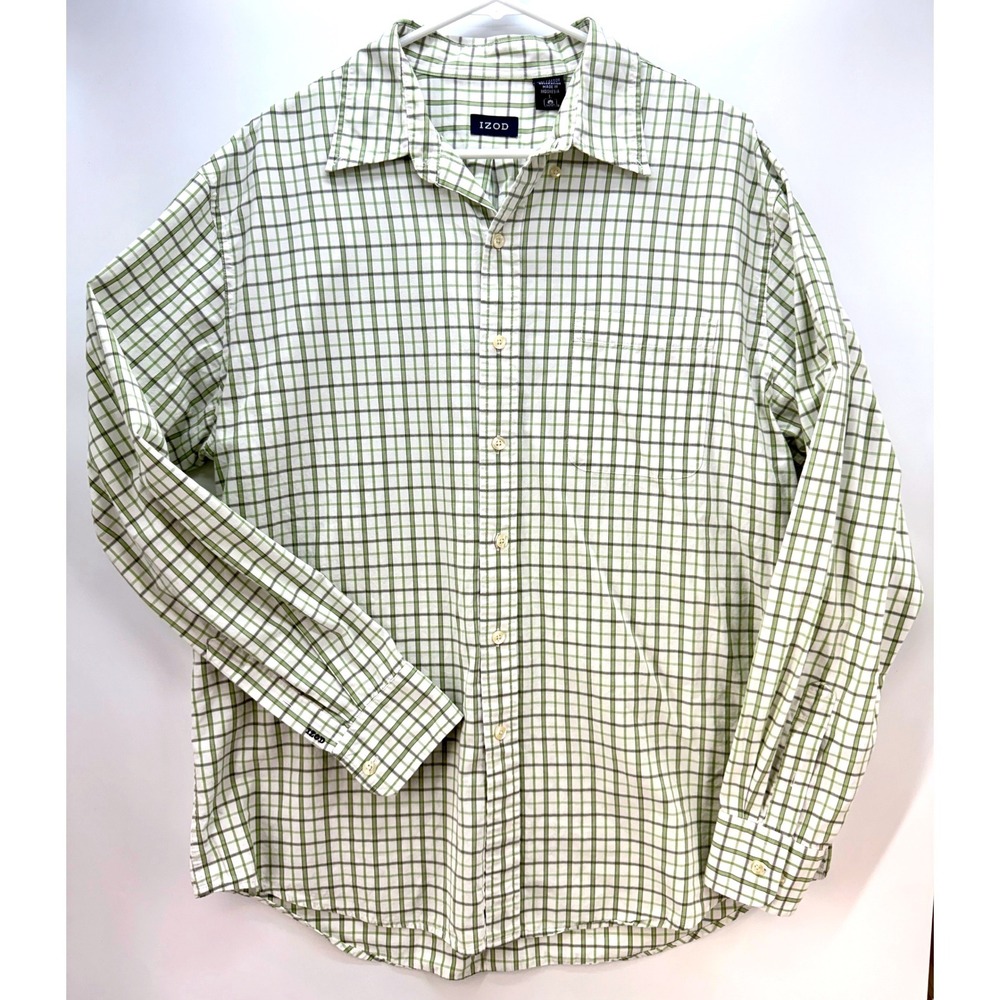 IZOD Mens Green Plaid Cotton Button Shirt Sz L Preppy Academia Normcore Classic